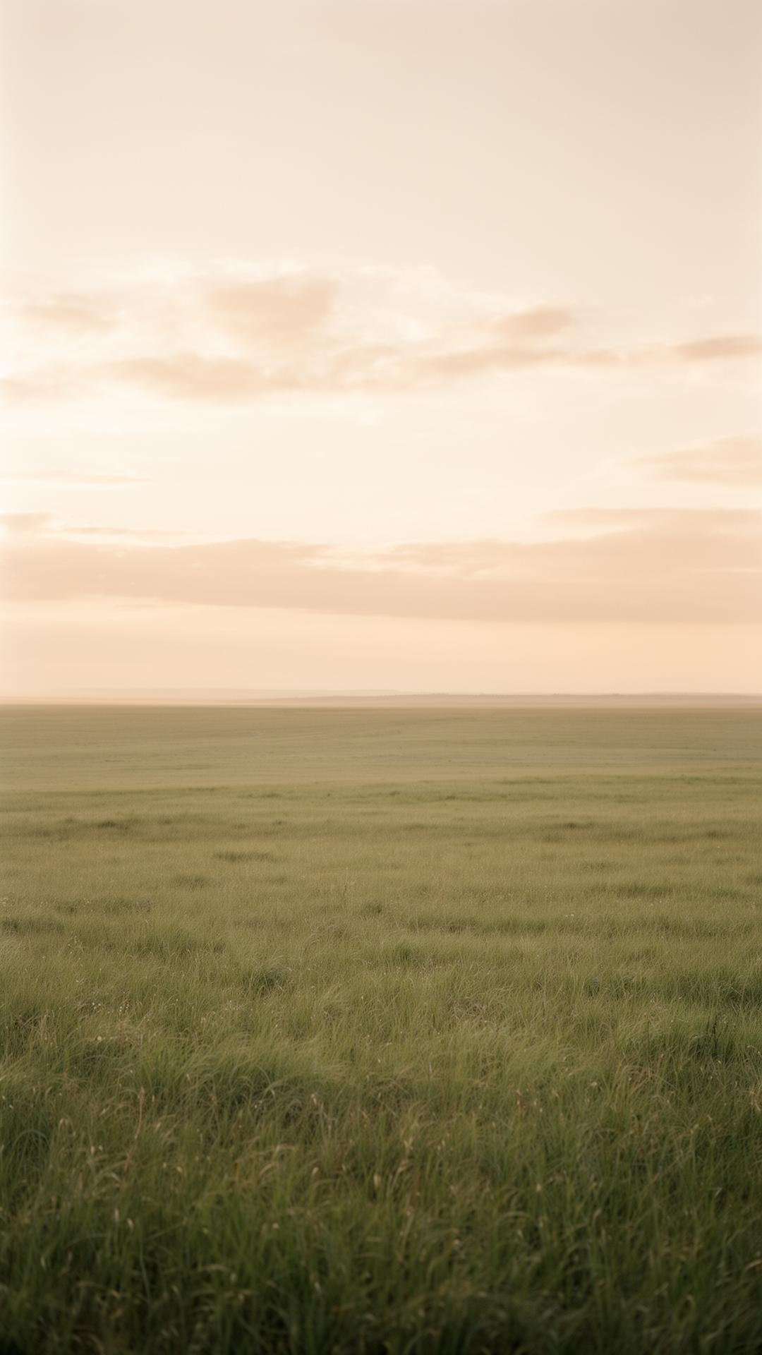 A wide green meadow under a soft, open sky at golden hour